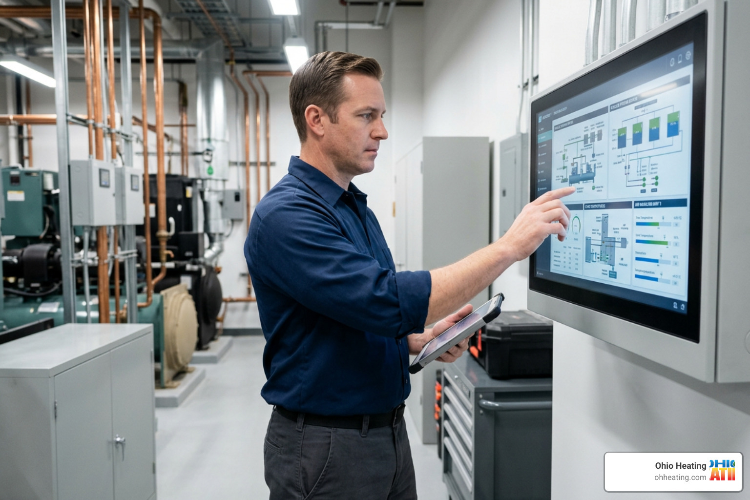 Ohio Heating technician reviewing a clean commercial building control systems dashboard