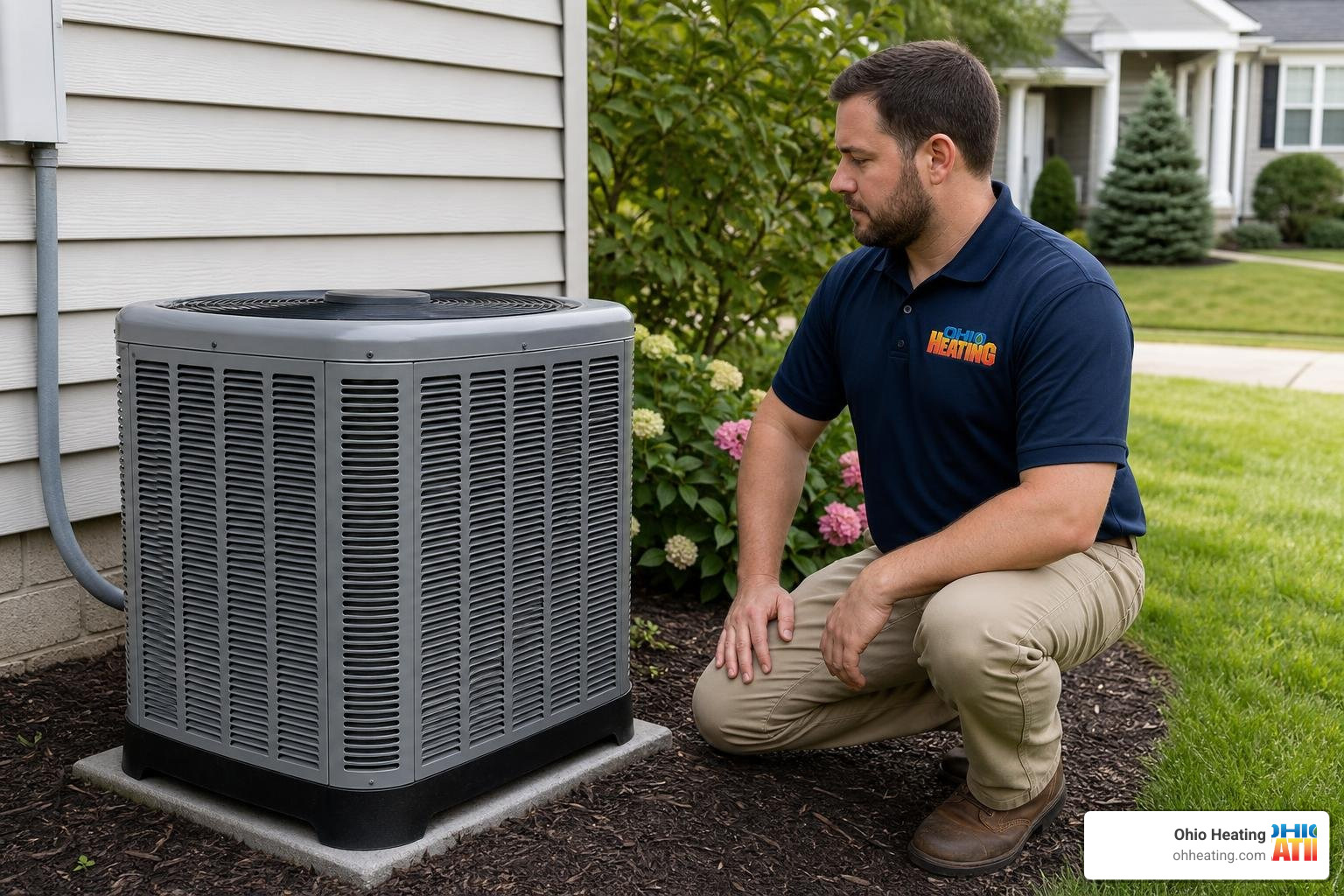 Ohio Heating technician looking at a clean outdoor air conditioner unit