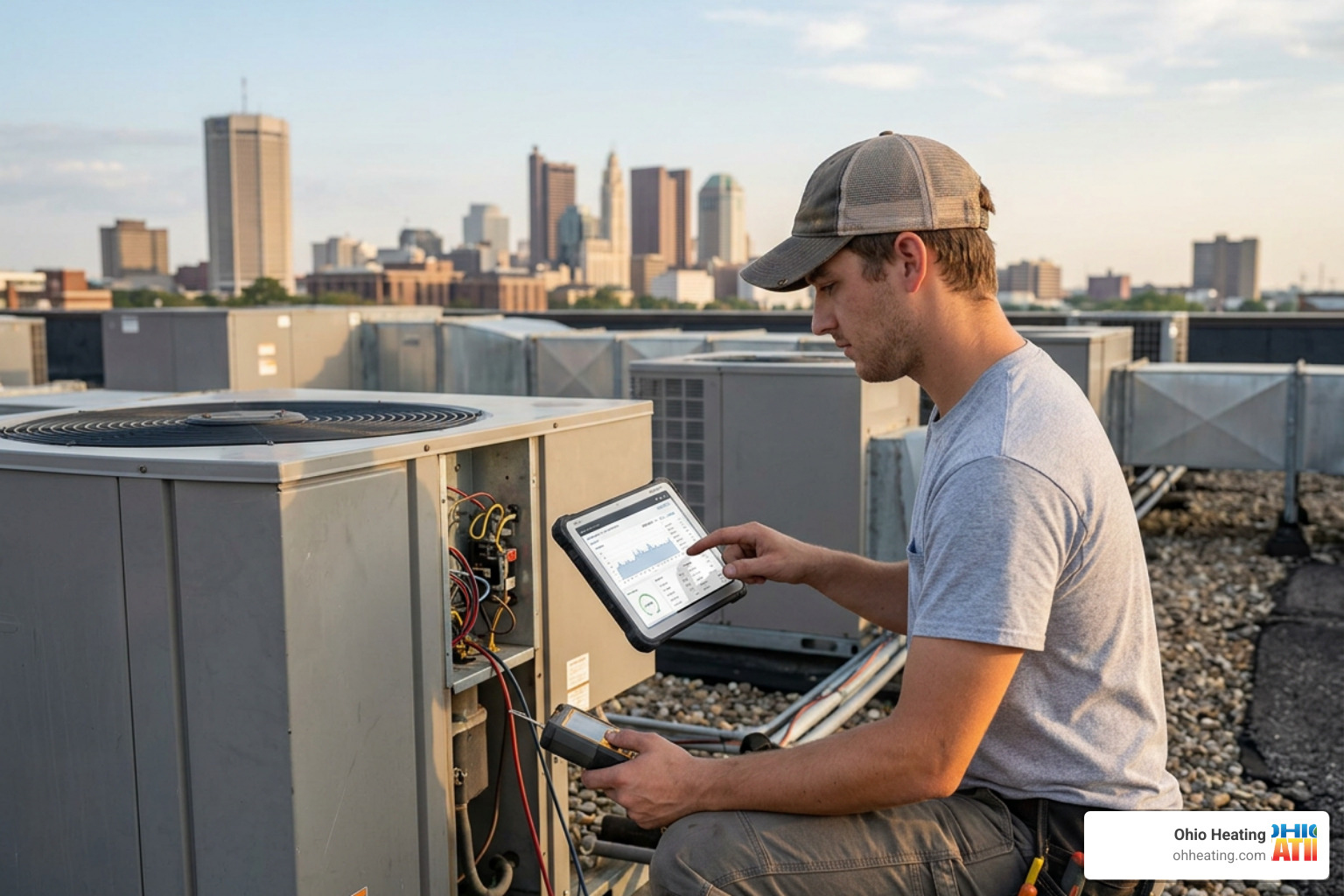 remote monitoring hvac technician analyzing AC performance on tablet