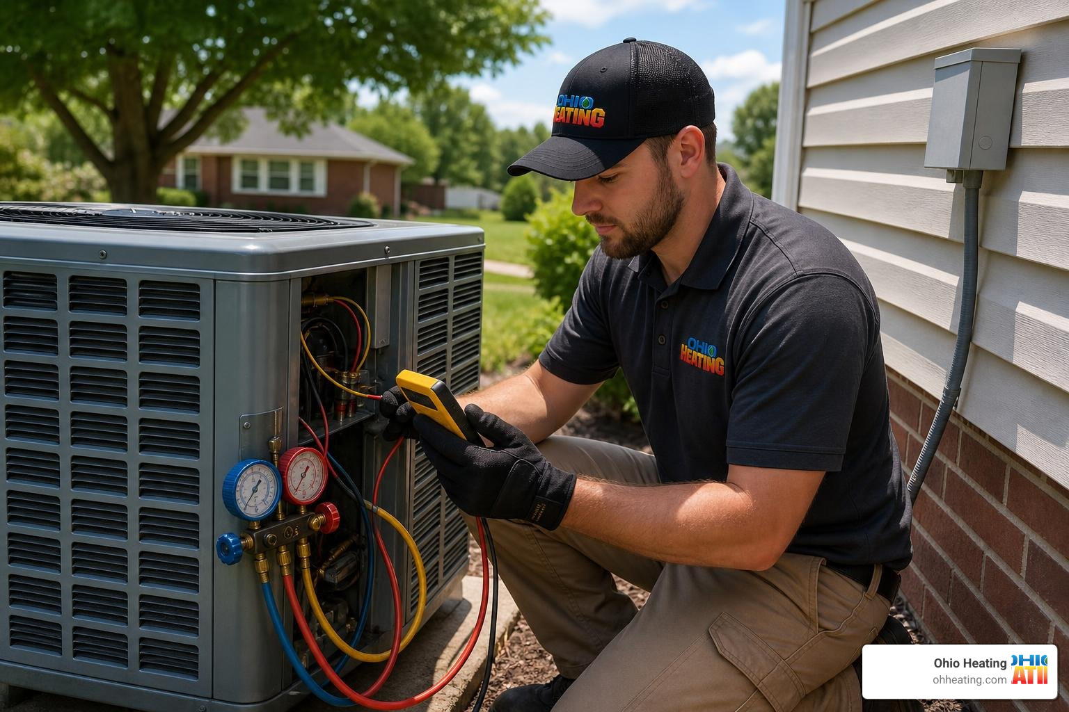 Ohio Heating technician performing an AC tune-up during hot weather