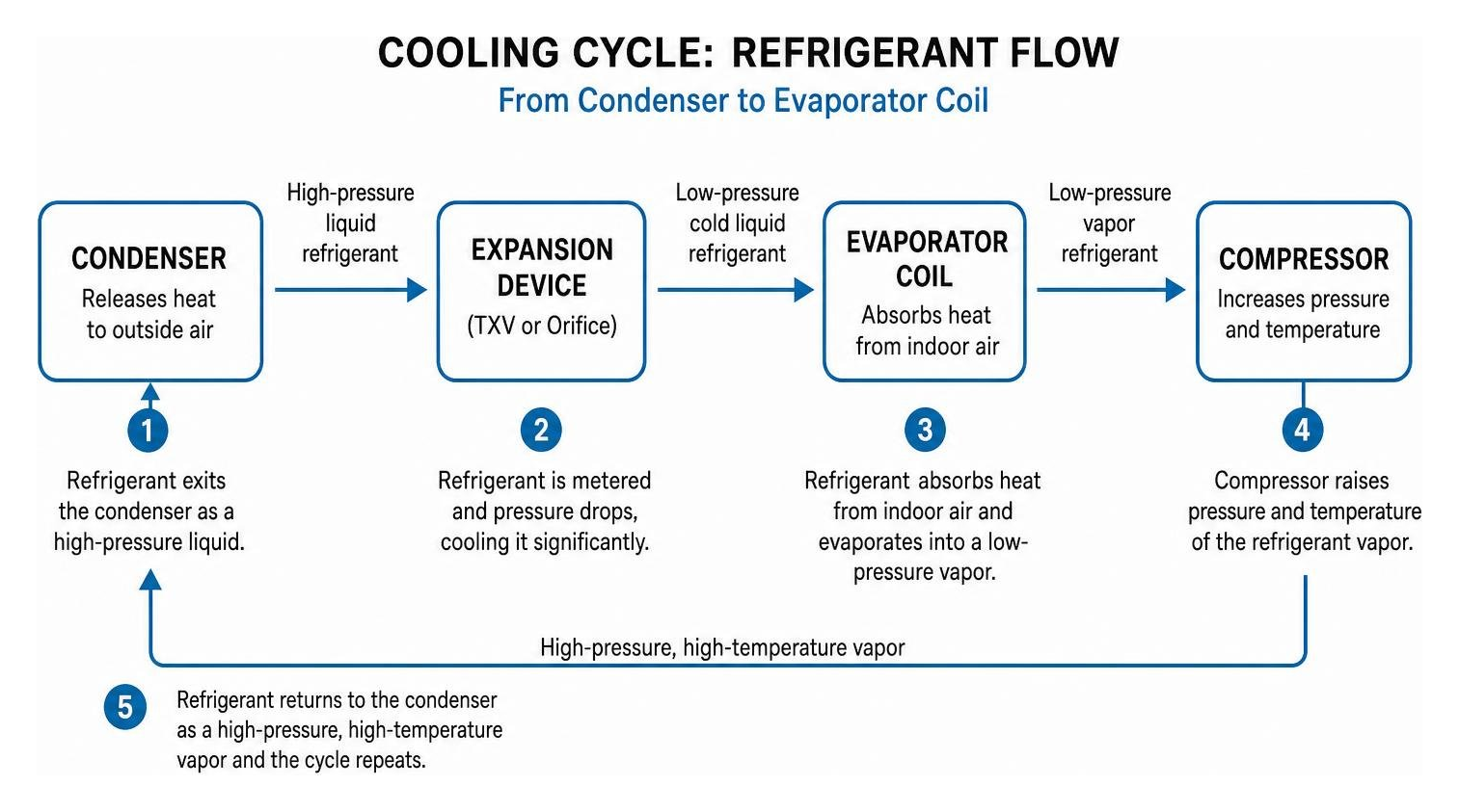 Diagram showing cooling cycle refrigerant flow from condenser to evaporator coil