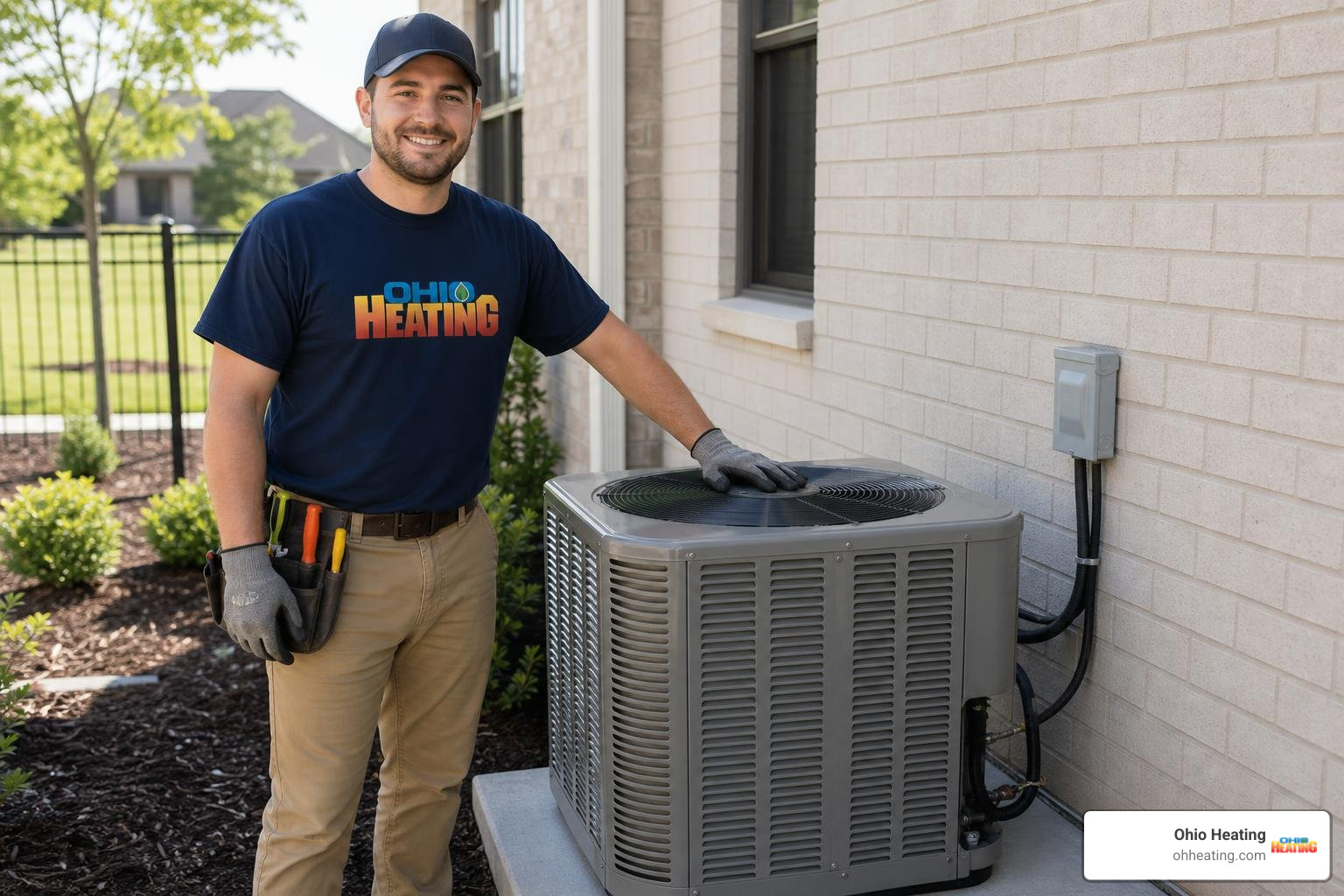 Professional HVAC technician standing beside a high quality AC installation outside a Columbus Ohio home