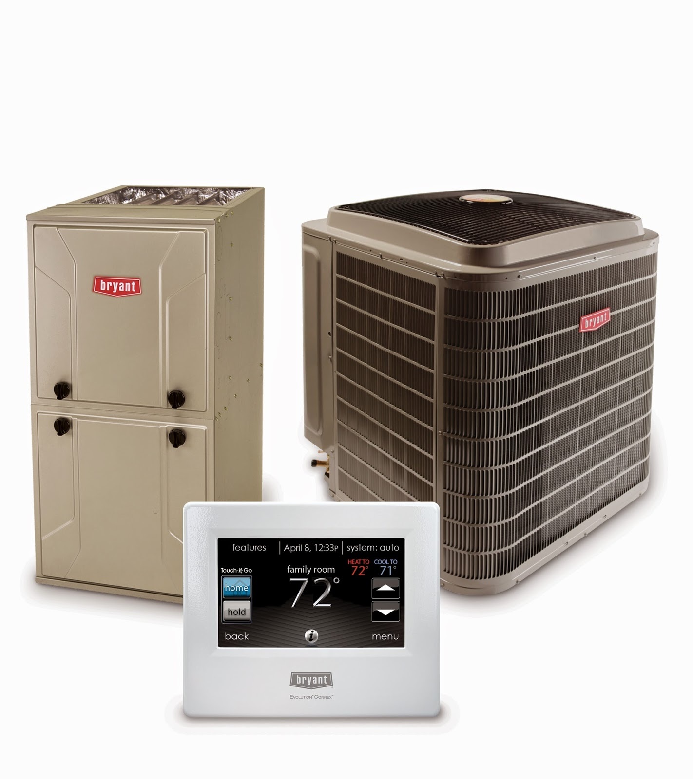 Bryant high-efficiency gas furnace, matching outdoor unit, and touchscreen thermostat, the equipment compared in this heat pump vs gas furnace Columbus cost breakdown