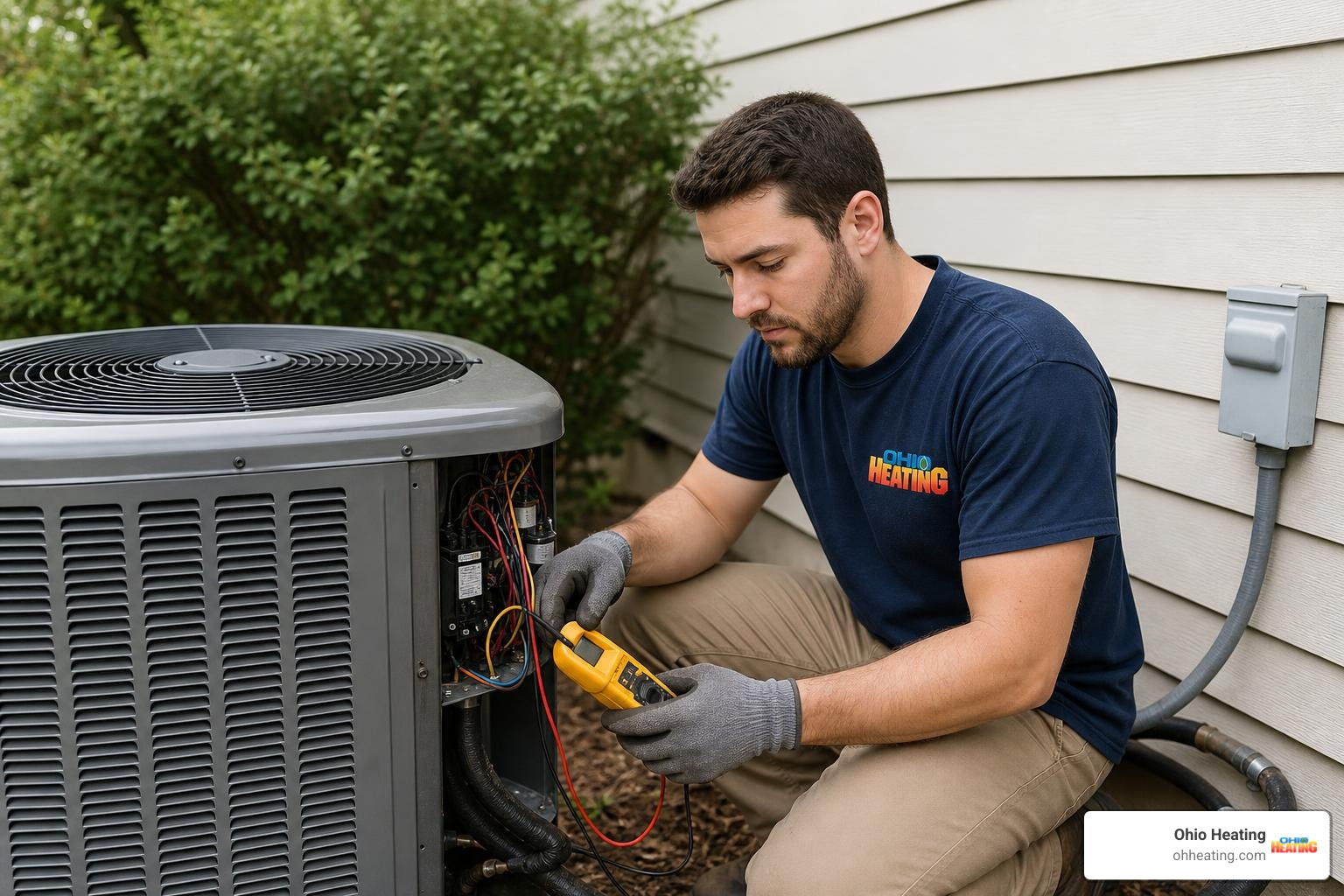 Ohio Heating technician with realistic proportions inspecting a standard outdoor air conditioner during emergency AC repair