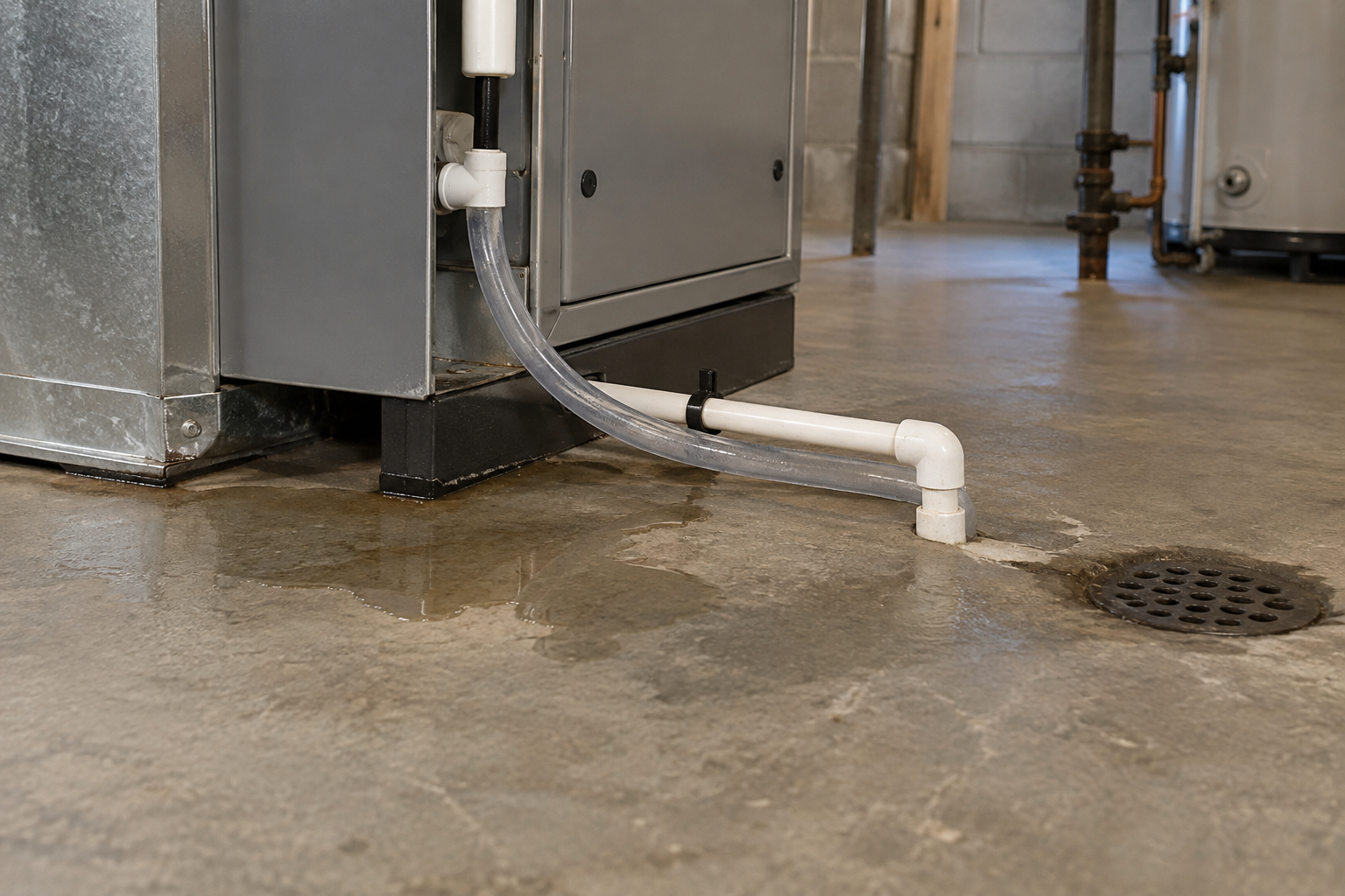 Furnace leaking water onto a basement floor near its condensate drain tubing and floor drain (AI-generated image)