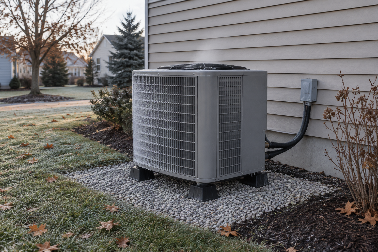 Heat pump maintenance check on an outdoor unit with light frost and defrost steam, raised on support feet beside a house (AI-generated image)